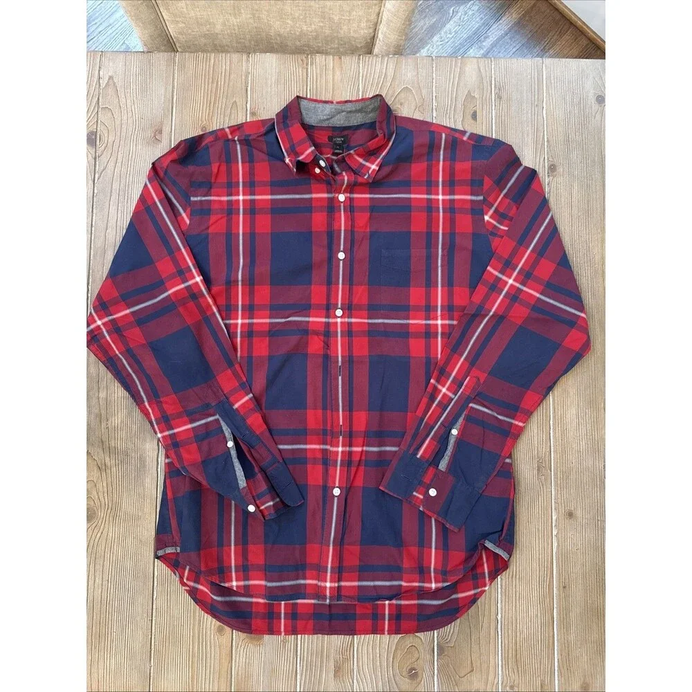 J. Crew Tartan Plaid Red Blue Button-Down Men’s Long Sleeve Shirt Red XL